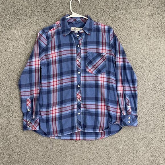 Vineyard Vines Shirt Women 4 Blue Plaid Relaxed Button Front Flannel - Picture 1 of 10